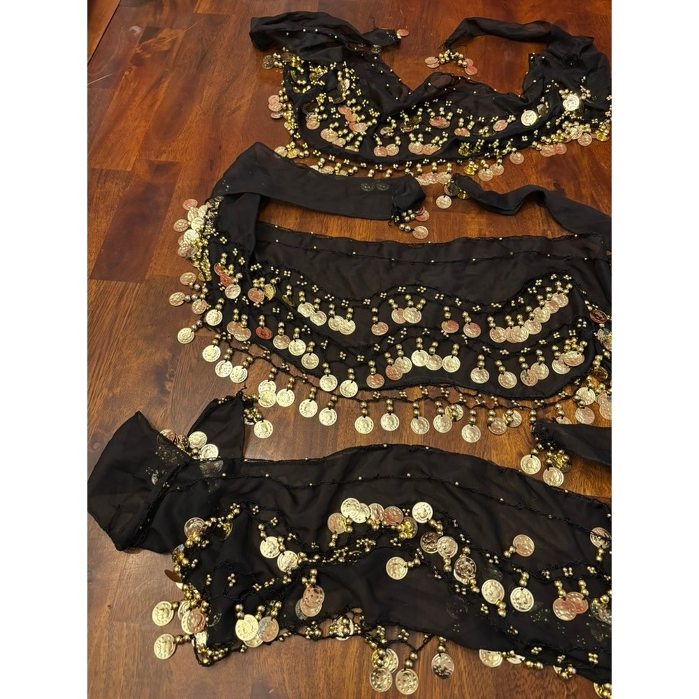 Belly Dance Coin Hip Scarf Set of 3 Black Gold Beaded Performance‎ Costume - Picture 2 of 3